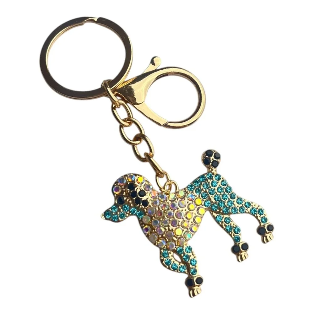Women's Gold Tone Poodle Dog Key Chain Bling Teal Rhinestone Charm 4